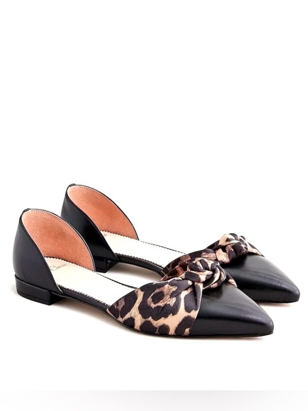 J. Crew Black Pointed D'Orsay Flats with Leopard Knot